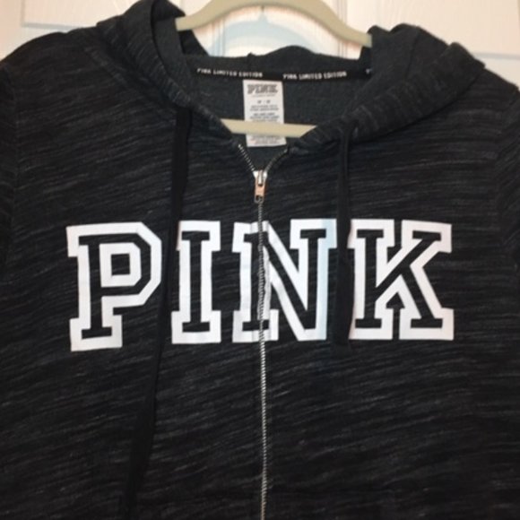 PINK Victoria's Secret Front Full-Zip Side Stripes Black/Gray Hoodie Medium - Picture 2 of 16